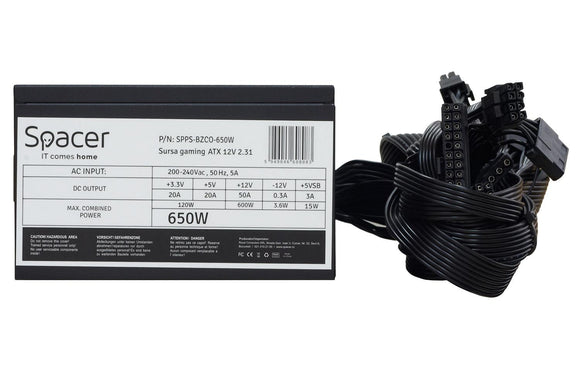 SURSA SPACER BZCO-650, compatible 80+ Bronze, 650 W, ventilateur 120 mm, 2x PCI-E (6+2), 6x S-ATA, 2x P8 (4+4), « SPPS-BZCO-650 », (tampon vert 2 lei)