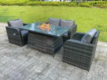 Fimous Dark Mix Grey Rotin Outdoor Garden Furniture Gas Firepit Table Set Chauffage à Gaz Amour Canapé Chaise Longue 4 Places