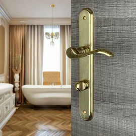 2 poignées de porte sur plaque AGATHE, Verrou de condamnation pour salle de bain/WC, Finition laiton poli, Entraxe standard 195 mm