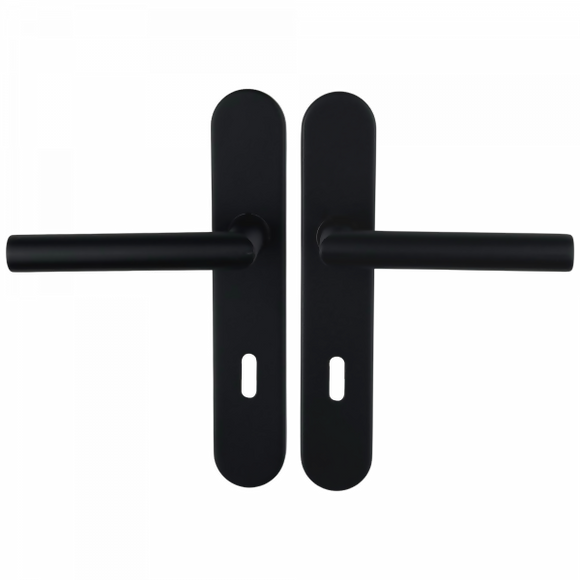 2 poignées de porte universelles Dualfit sur plaque ronde BRUNELLA, Sans trou pour pièce à vivre, Finition Acier noir mat bi-entraxe 165-195