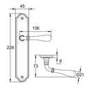 Schéma technique de 2 poignées de porte sur plaque CARINA, Verrou de condamnation pour salle de bain/WC, Finition laiton patiné, Entraxe standard 195 mm