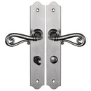 2 poignées de porte sur plaque fine NOBLE, Verrou condamnation pour salle de bain/WC, Finition fer patiné gris, Entraxe 195 mm