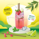 Cocktail with raspberry, lime, and eco-friendly sugarcane straws, highlighting made in France and compostable features.