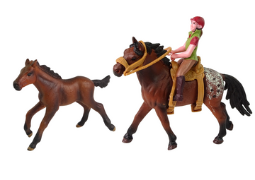 Set of 2 figurines Horse and foal in a corral + Rider - 0