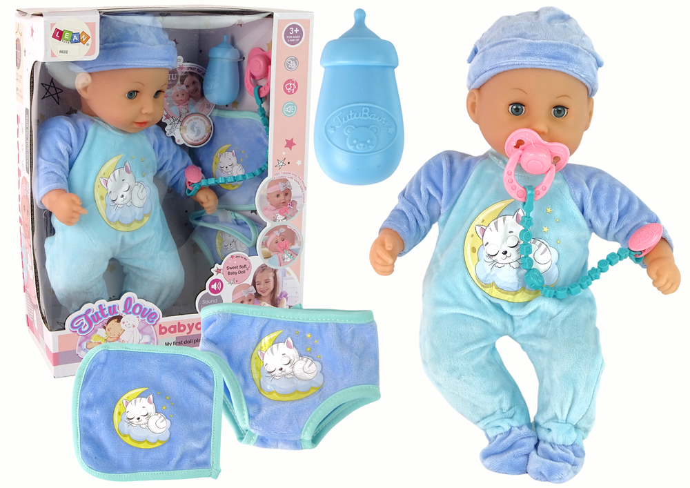 Poupée bébé avec bavoir sonore et tétine, pyjama chat bleu