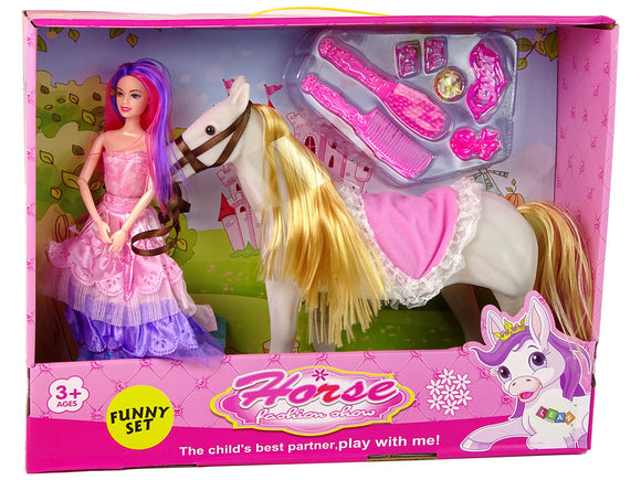 Poupée princesse avec accessoires pour figurines de poney blanc.