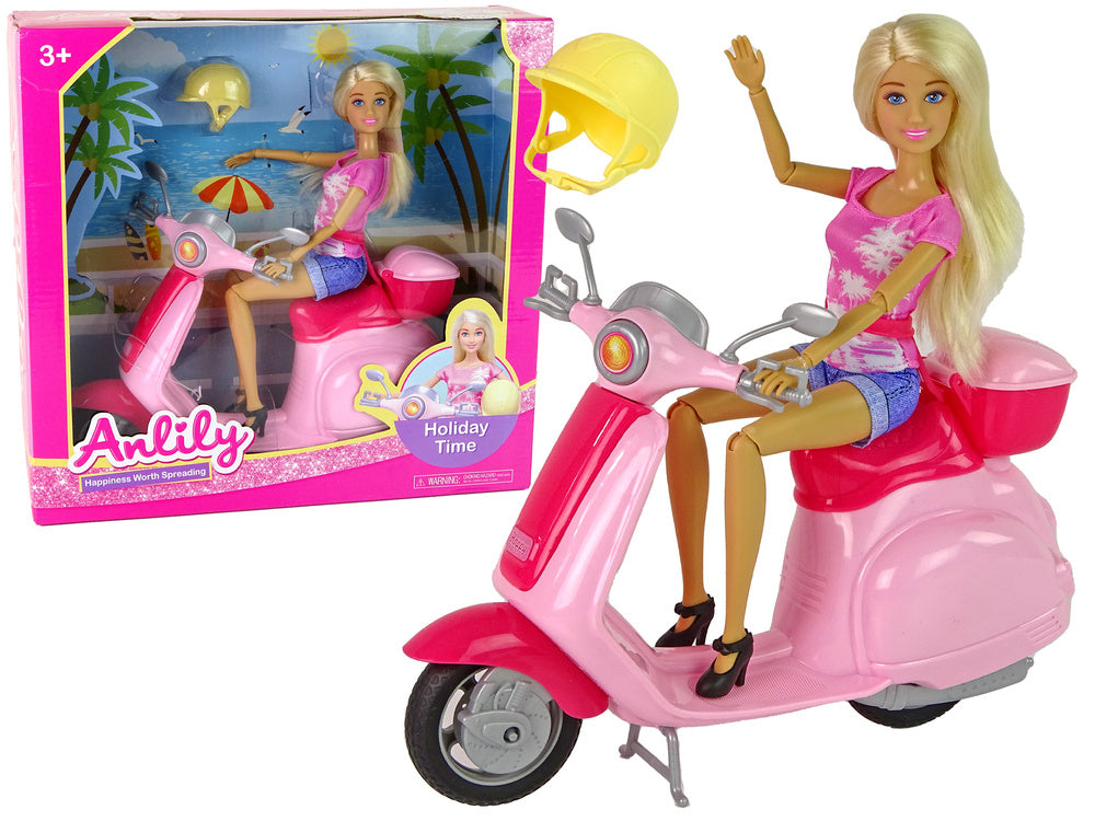Poupée Anlily sur un scooter rose, cheveux blonds, casque