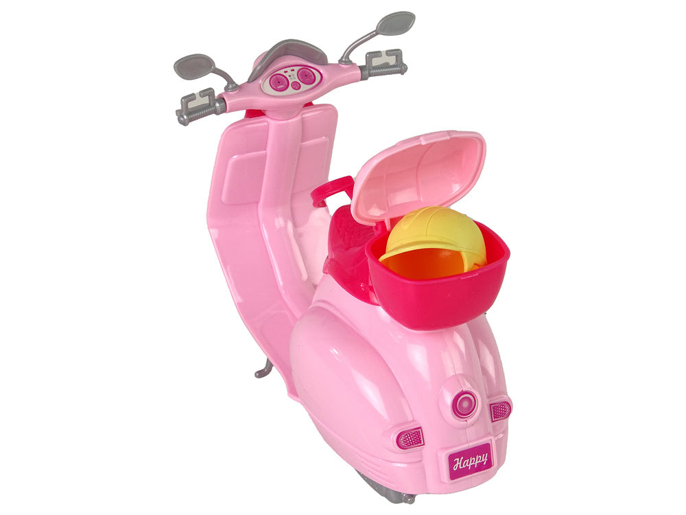 Poupée Anlily sur un scooter rose, cheveux blonds, casque