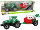 Tracteur agricole vert avec pulvérisateur rouge et vert à entraînement fricatif