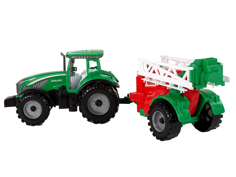 Tracteur agricole vert avec pulvérisateur rouge et vert à entraînement fricatif