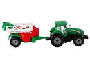 Tracteur agricole vert avec pulvérisateur rouge et vert à entraînement fricatif