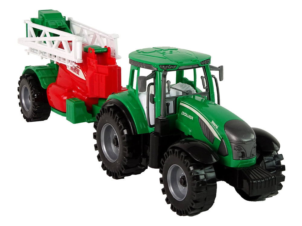 Tracteur agricole vert avec pulvérisateur rouge et vert à entraînement fricatif