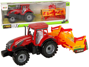 Tracteur rouge avec entraînement de cultivateur orange