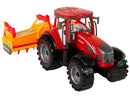 Tracteur rouge avec entraînement de cultivateur orange
