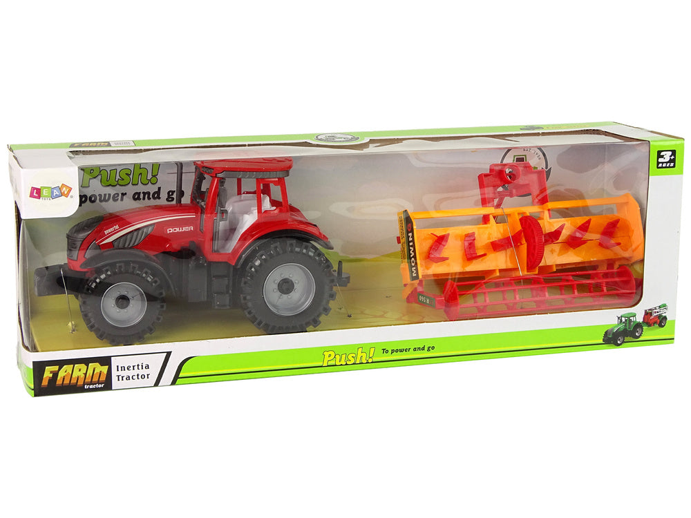Tracteur rouge avec entraînement de cultivateur orange