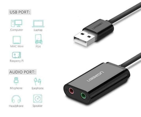 PLACA de SUNET Ugreen, "US205" extern, interfata USB 2.0, conectori 2 x jack 3.5 mm, negru "30724" (include timbru verde 0.18 lei) - 6957303837243