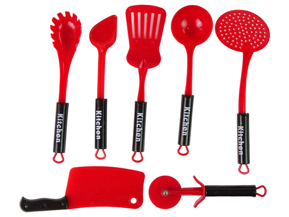 A set of red kitchen utensils pots