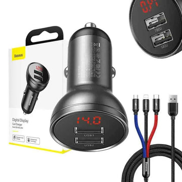 Baseus Car Charger Digital Display 2xUSB with 3-in-1 Cable 1.2m, 24W 4.8A, Black/Gray (TZCCBX-0G)