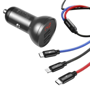 Baseus Car Charger Digital Display 2xUSB with 3-in-1 Cable 1.2m, 24W 4.8A, Black/Gray (TZCCBX-0G)