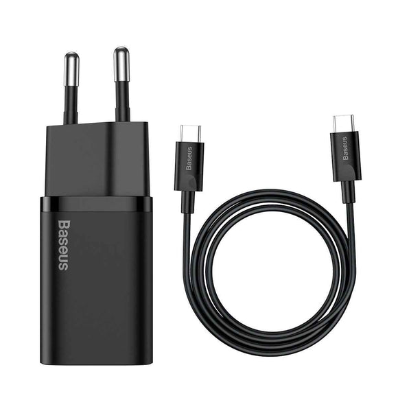 Baseus Travel Charger set Super Si 1C QC (With Mini Black Cable Type-C to Type-C 3A 1m) 25W EU Black (TZCCSUP-L01)