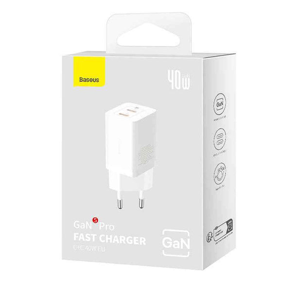 INCARCATOR retea Baseus GaN5 Pro, Quick Charge 40W, 2 x USB Type-C, alb "CCGP180102" (timbru verde 0.18 lei) - 6932172627911