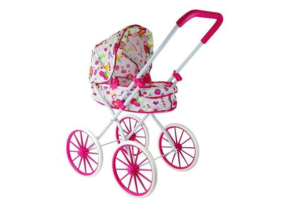 Landau de poupée rétro à grandes roues et fleurs