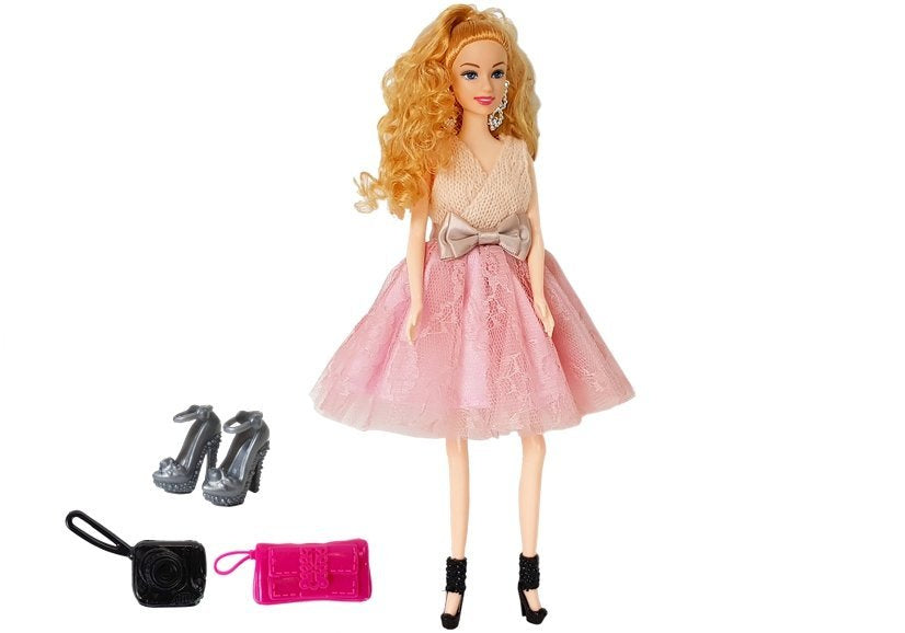 Poupée modèle, blonde 28 cm, sac à main, talons hauts