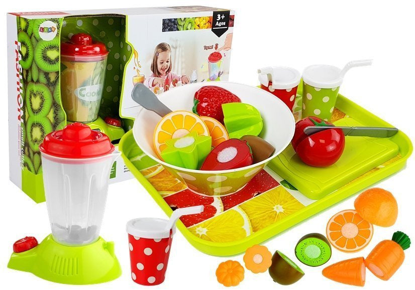 Ensemble de légumes et de fruits avec un mixeur à piles et un plateau