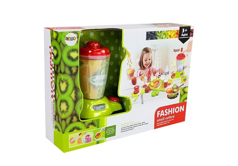 Ensemble de légumes et de fruits avec un mixeur à piles et un plateau