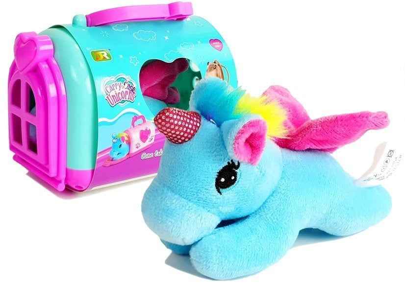 Mascotte de cheval licorne poney avec transporteur dans une valise