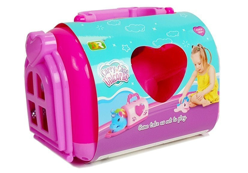 Mascotte de cheval licorne poney avec transporteur dans une valise
