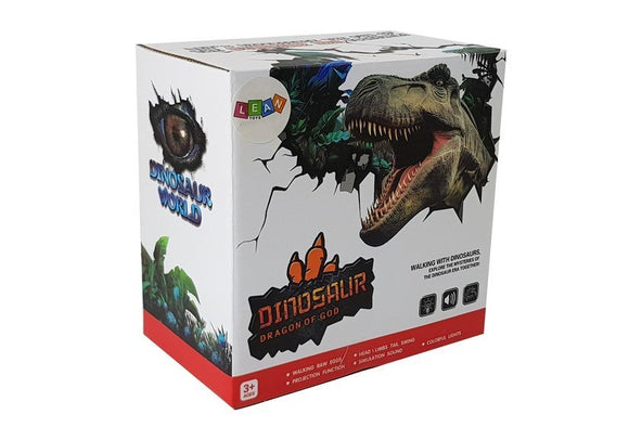 Un dinosaure vert à piles se déplace avec le projecteur sonore