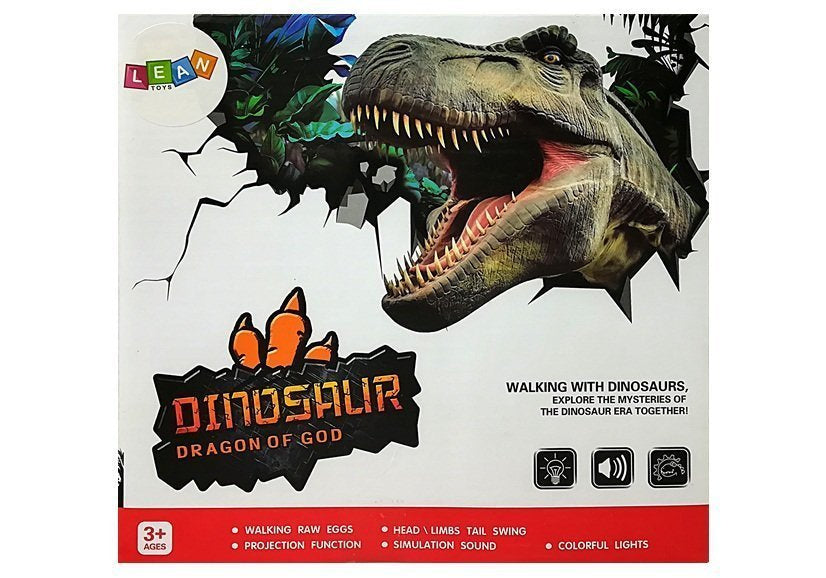 Un dinosaure vert à piles se déplace avec le projecteur sonore