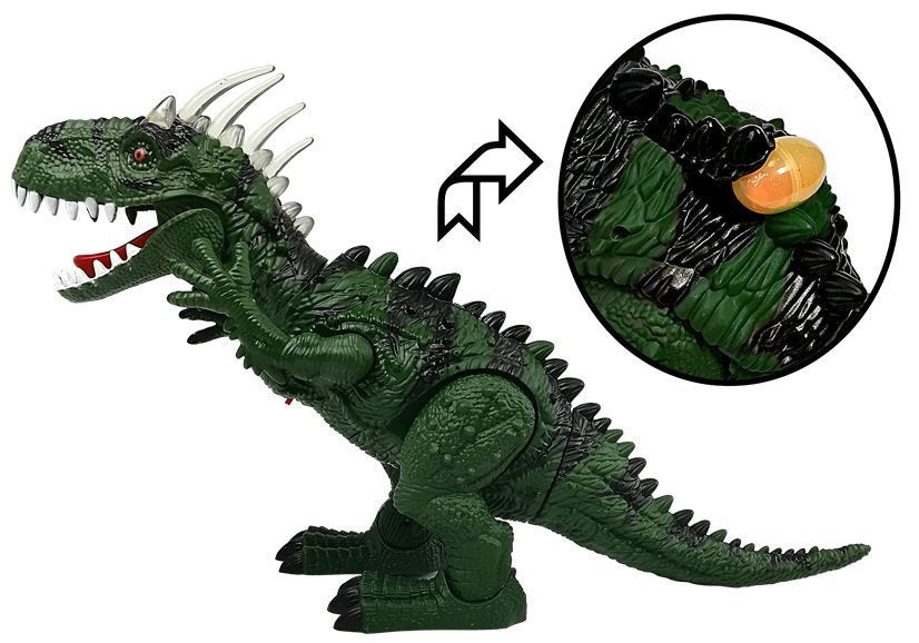 Un dinosaure vert à piles se déplace avec le projecteur sonore