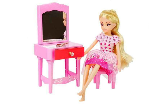 Doll + Furniture Set Bed Wardrobe Dressing table