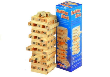 Jeu de 54 blocs de tour en bois à bascule + dés