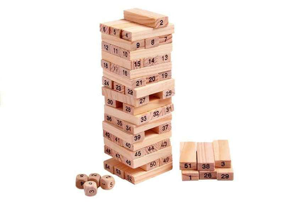 Jeu de 54 blocs de tour en bois à bascule + dés