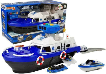 Bateau de transport de la police avec voitures, sons et lumières