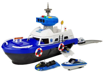 Bateau de transport de la police avec voitures, sons et lumières