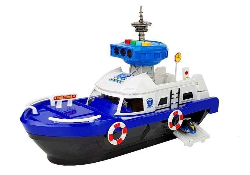 Bateau de transport de la police avec voitures, sons et lumières