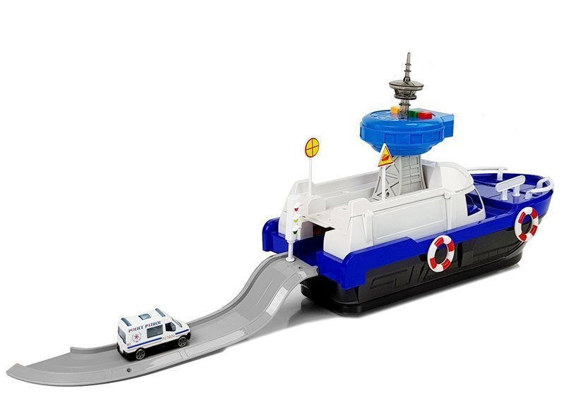Bateau de transport de la police avec voitures sons et lumières