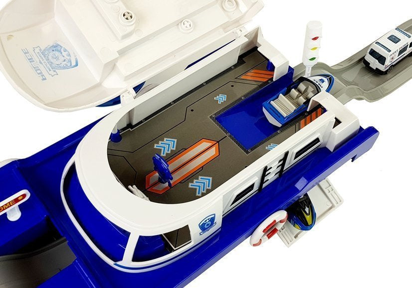 Bateau de transport de la police avec voitures sons et lumières