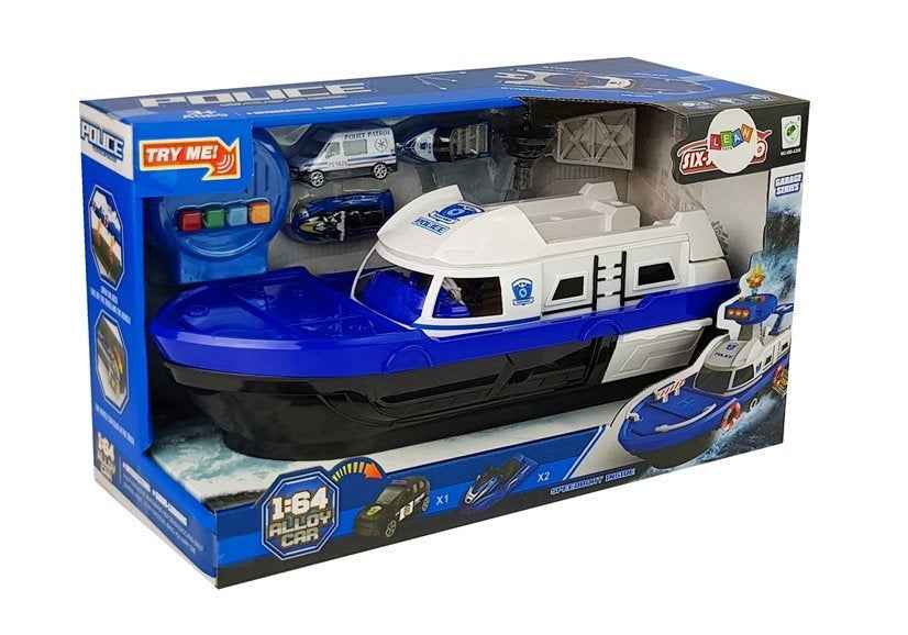 Bateau de transport de la police avec voitures, sons et lumières