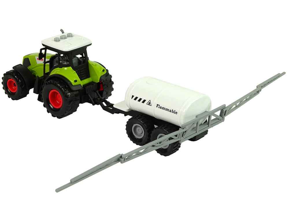 Ensemble de trois tracteurs agricoles avec pulvérisateur et remorque