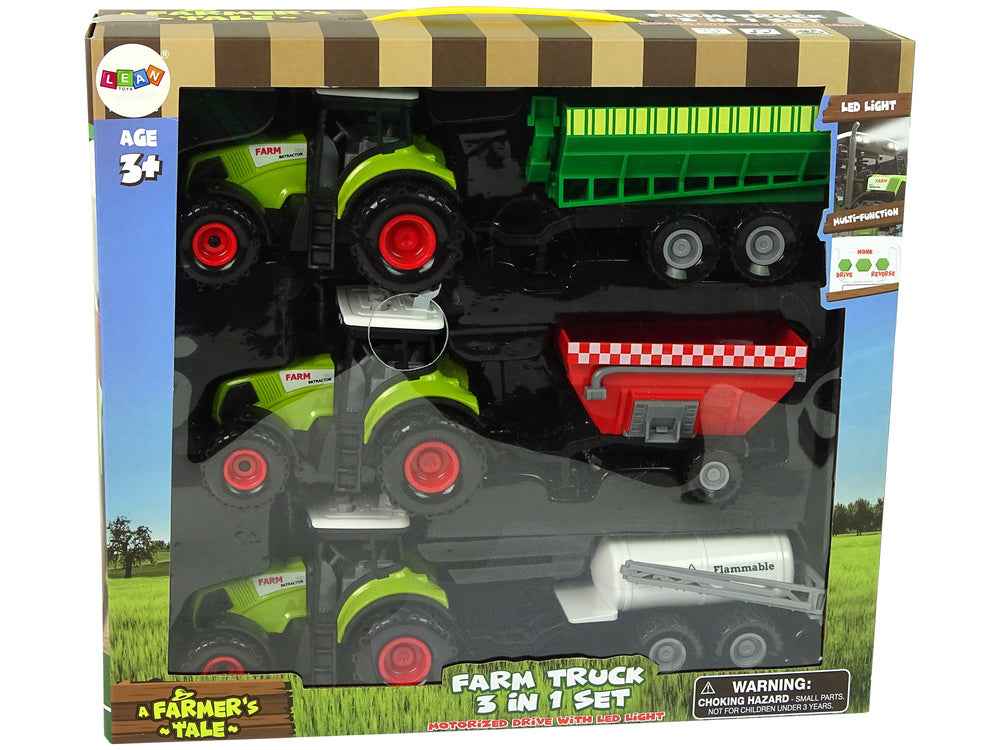 Ensemble de trois tracteurs agricoles avec pulvérisateur et remorque