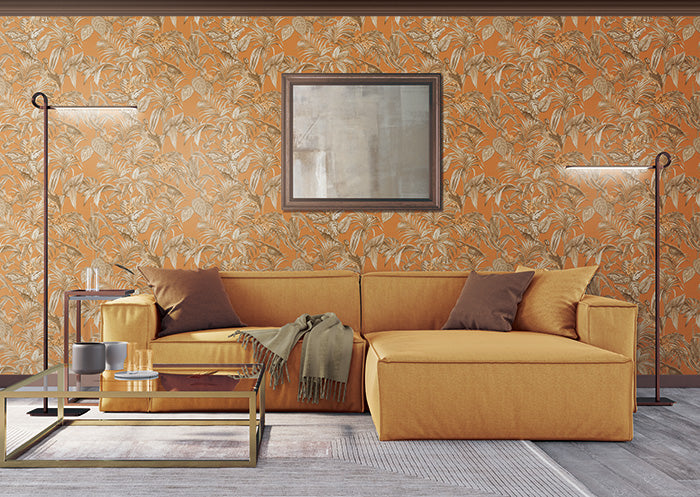 Papier peint moitf d'oiseaux profhome de120019-di papier peint intissé gaufré à chaud gaufré avec un dessin exotique brillant orange cuivré or blanc crème 533 m2 - 0