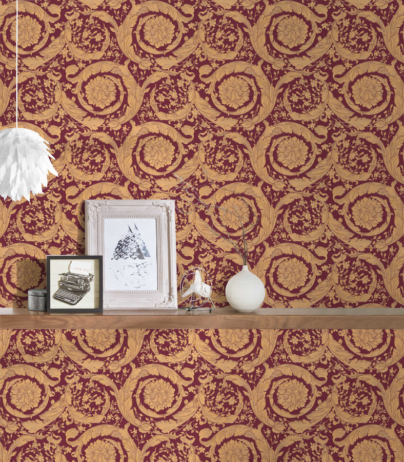 Exclusive luxury wallpaper Profhome 366927-GU textured non-woven wallpaper with shiny ornaments red gold brown 7.035 m2