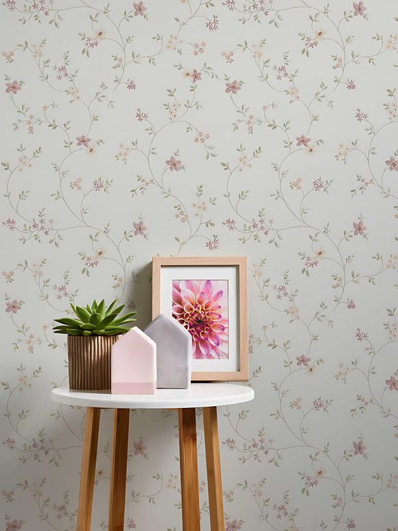 Papier peint floral Profhome 937701-GU papier peint intissé texturé avec un dessin floral mat blanc vert blanc crème vieux rose 5,33 m2