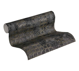 Papier peint à motifs graphiques Profhome 374246-GU papier peint intissé légèrement texturé design brillant noir or 5,33 m2