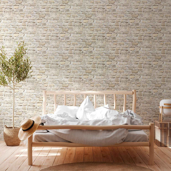 Papier peint aspect pierre carrelage Profhome 363703-GU papier peint intissé lisse avec un dessin nature mat beige jaune 5,33 m2